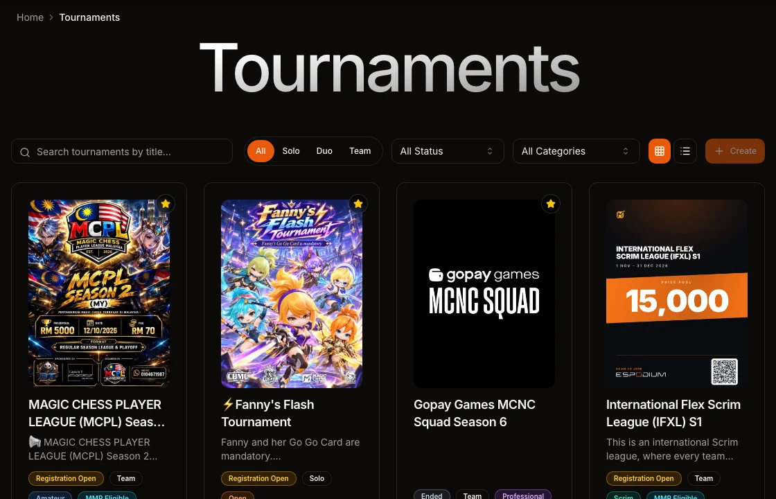The Magic Chess tournaments list on ESPODIUM, with status, mode, category and MMR Eligible badges on each card