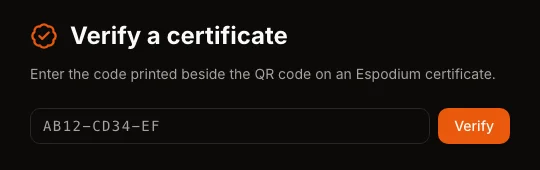 The Verify a certificate page on ESPODIUM with a code field and a Verify button